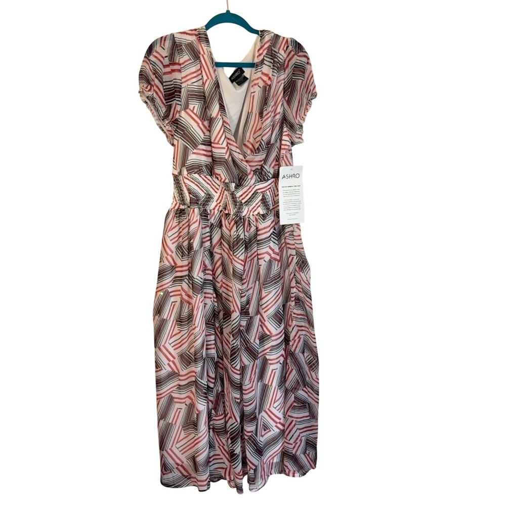 ASHRO Women's 2X Midi Dress Geometric Print Sheer Overlay V Neck‎ Career